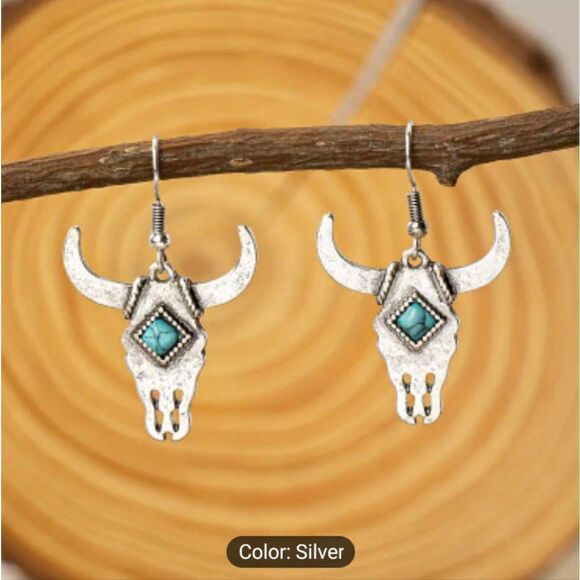 Earrings Western bull head turquoise dangle new e40 - Picture 1 of 2